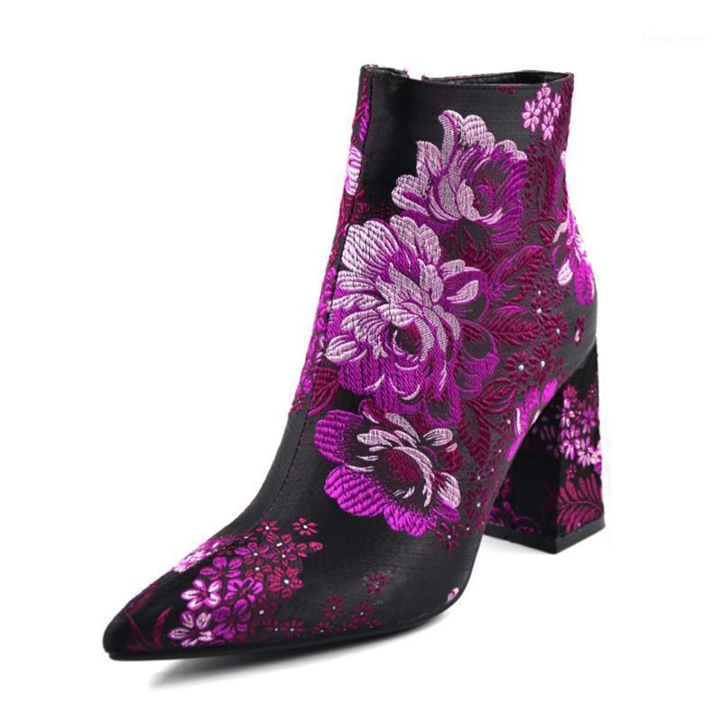 

Maguidern Ankle Boots for Women 8.5cm block Heels Pointed Toe Floral Embroider booties1, Purple flower