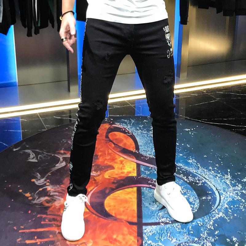 

Europe 2020 autumn fashion brand pants men's new personality characters hot diamond mid waist slim and handsome jeans man, Black