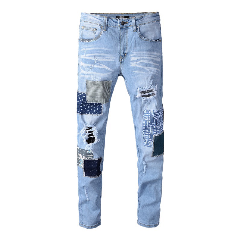 

mens jeans casual hip hop high street patch patch hole brushed stitching stretch beggar slim skinny pants 2022, Blue