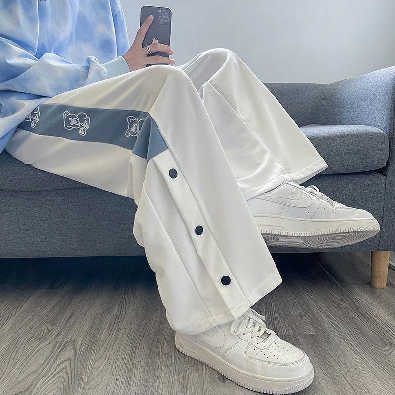 

Men's Pants Breasted High Street Hiphop Preppy Streetwear Boys Straight Loose Wide-leg Sports Casual Trousers Men Women Jogging, Black