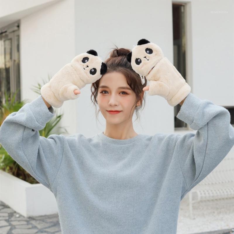 

Women Winter Touch Screen Half Finger Gloves Thicken Fluffy Plush Cartoon Panda Convertible Flip Top Fingerless Driving Mittens1