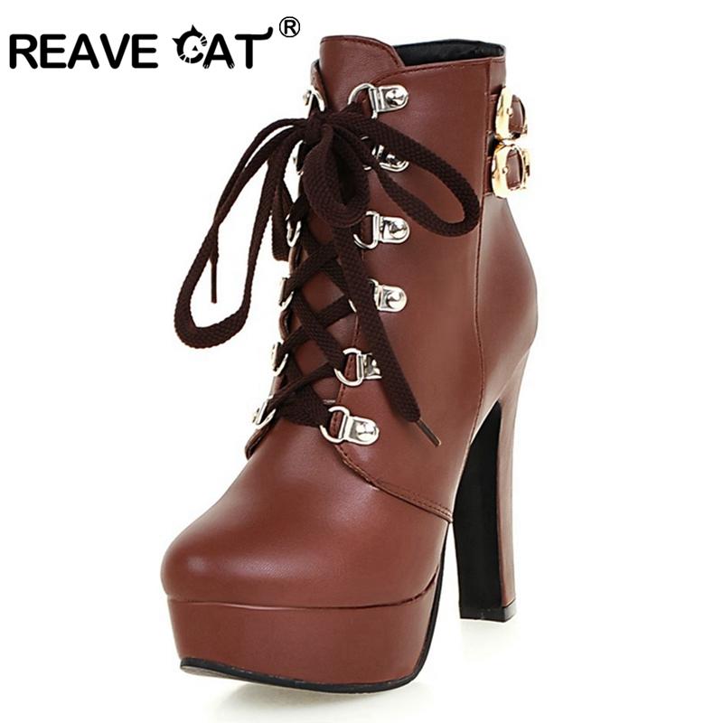 

REAVE CAT lace-up Buckle Pu Leather Ankle Gothic boots for women Winter shoes Ladies Thick high heel booties Warm Platform A971, Black