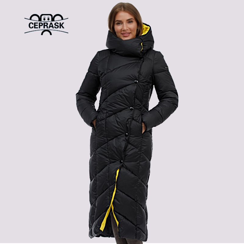 

CEPRASK New Womens Down Jaet Winter Parkas Outwear Hooded Female Quilted Coat Long Large Size Warm Cotton Classic Clothing, Black