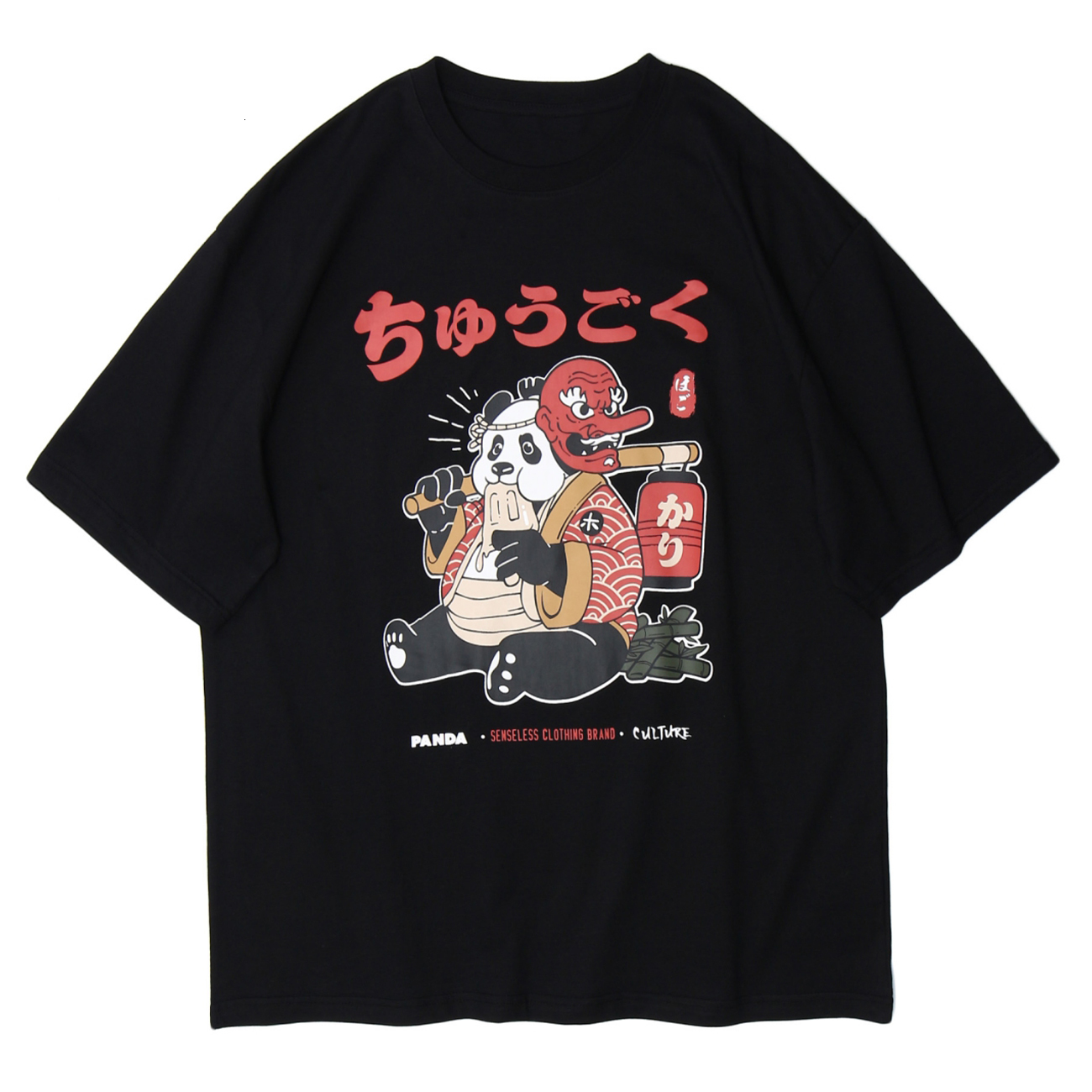 

2021 New Summer Hiphop Short Sleeves Harajuku Men Cartoon Panda Print Streetwear Tshirts Cotton Loose Oversized Casual Tops Vjdz, Black