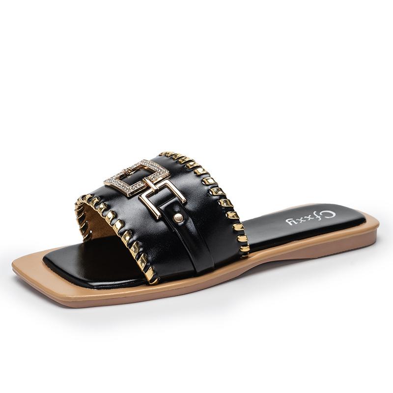 

2021 New Ladies Shoes Slides Female Sandals Casual Metal Decorations Rivet Woman Slippers, Black