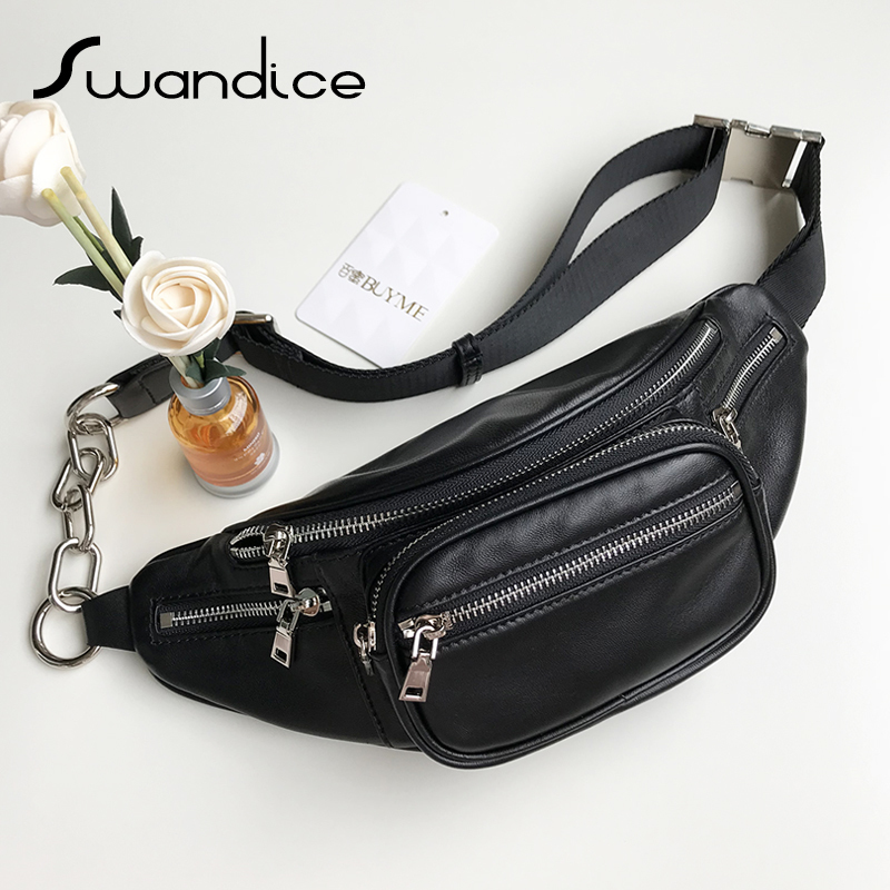 

100% Lambskin Zipper Fanny Packs Chest Waist Bum Belt Handbags Real Genuine Cow Leather Crossbody Shoulder Bags Women Men 2019 T200113, Silver