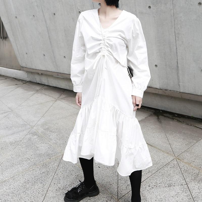 

Autumn Women' 2020 New French Dress Drawstring Pleated Lotus Leaf Expandable Long-Sleeved Dress Women' Black White, Cnl1175-black