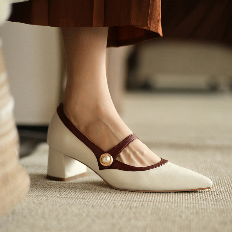 

2020 Straight-heeled Genuine Leather Pointed to Comfort Bombs Square Jumps of Women's Zapatos Mujer Shoes Ykj8, Brown