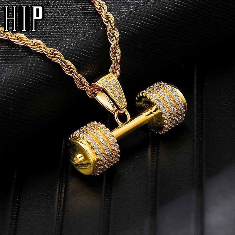

Hip Hop Iced Out Bling Rhinestone Rope Chain Barbell Gym Fitness Dumbbell Gold Color Hand Pendants &Necklaces For Men Jewelry 201013