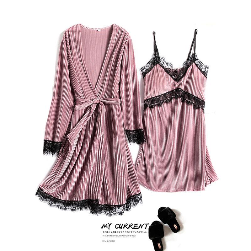

Fall Winter 2020 New Women's Two Piece Set Gold Velvet Pajamas Set Sexy Lace Striped Women's Nightdress Nightgown, Pink 1020