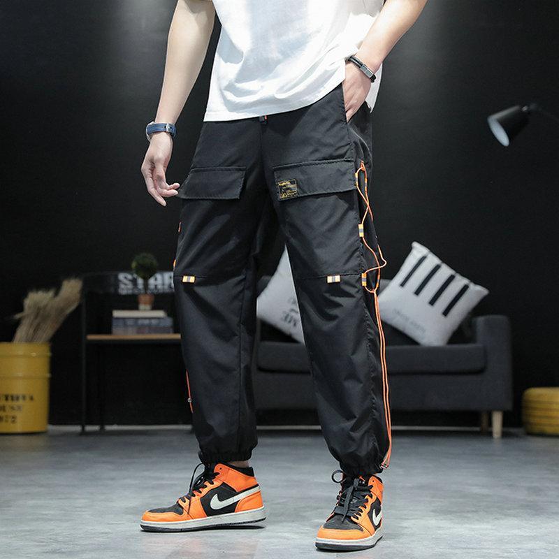 

2020 Autumn Cargo Pants Men Ribbons Drawstring Many Pockets Joggers Trousers Black Full Length Male Casual Pants