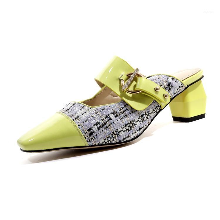 

kmeioo genuine leather mule shoes woman square toe pumps chunky heel mule sandals buckle strap mules1, Yellow