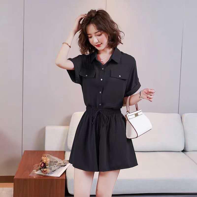 

2020 Hot Saling Playsuits Solid Color Straight Style Casual Loose Summer Playsuits High Waist Fashion Shorts Set, Black