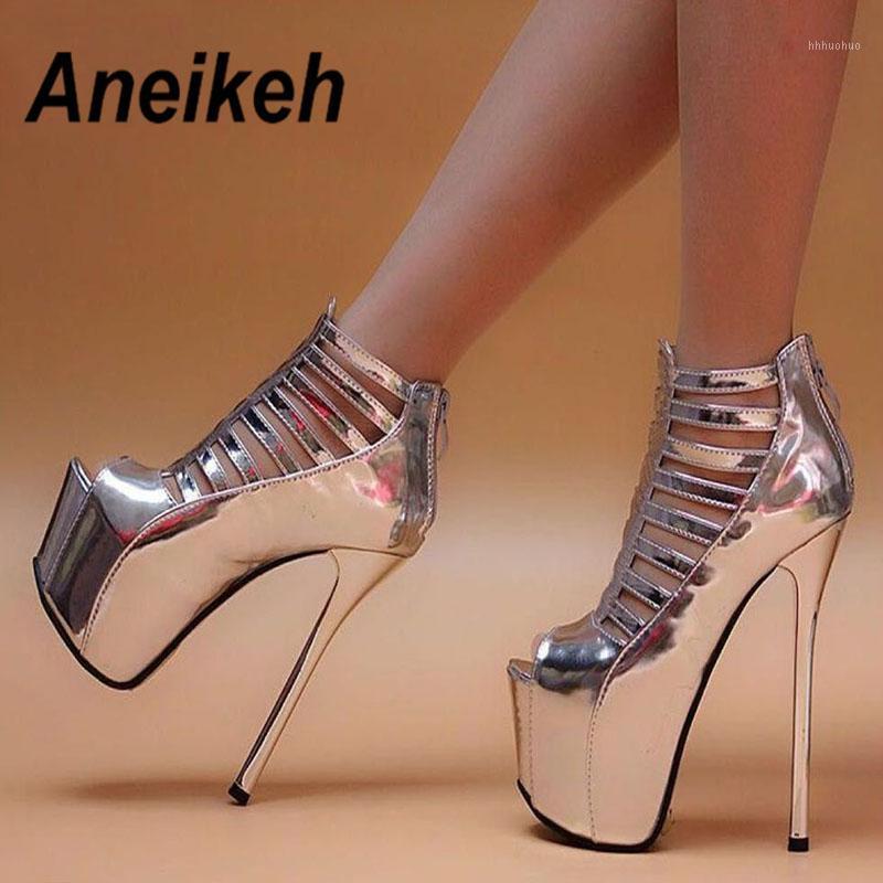 

Aneikeh 2020 Fashion PU Round Toe Super High Thin Heel Women Sandals Boots Zipper Hollow Out Short Tube Platform Party Silver 401