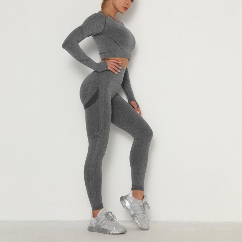 

Outdoor Gym Sportwear Suit Yoga Clothes Long Sleeve Crop Top+Fitness Yoga Leggings Female 2 Pcs Seamless Running Set Women, Pants wine red