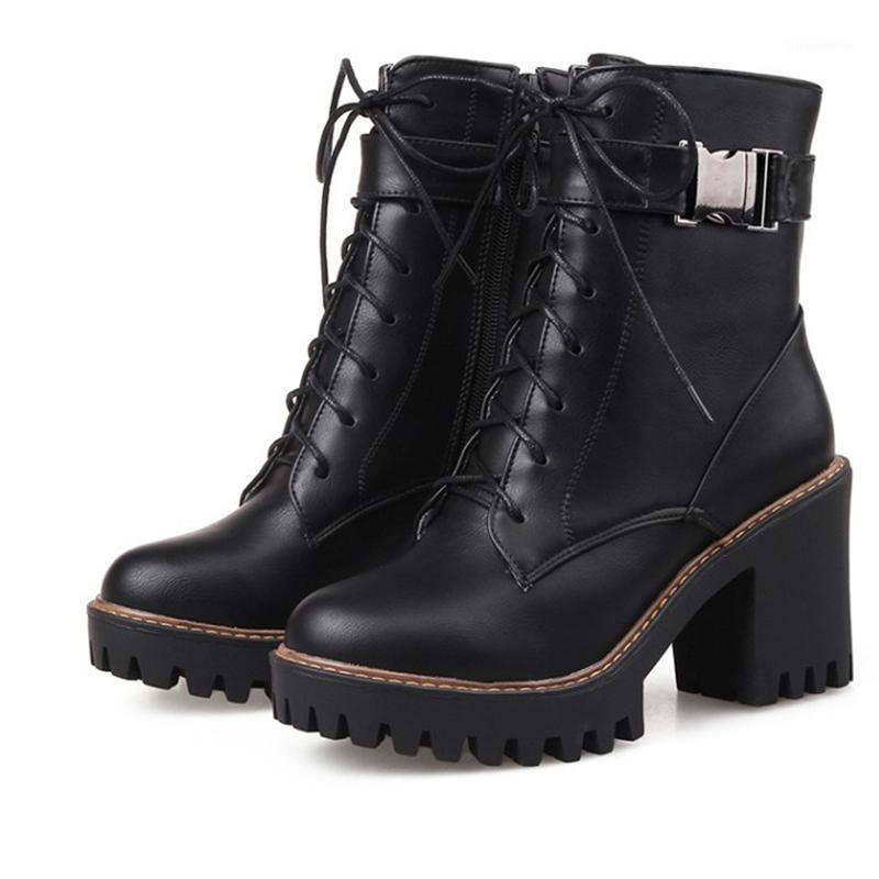 

Women Ankle Boots Platform Chunky High Heels Black Punk Boots Zip Lace Up Buckle Women Fashion Shoes Ladies Winter1, Black 7.5cm heel