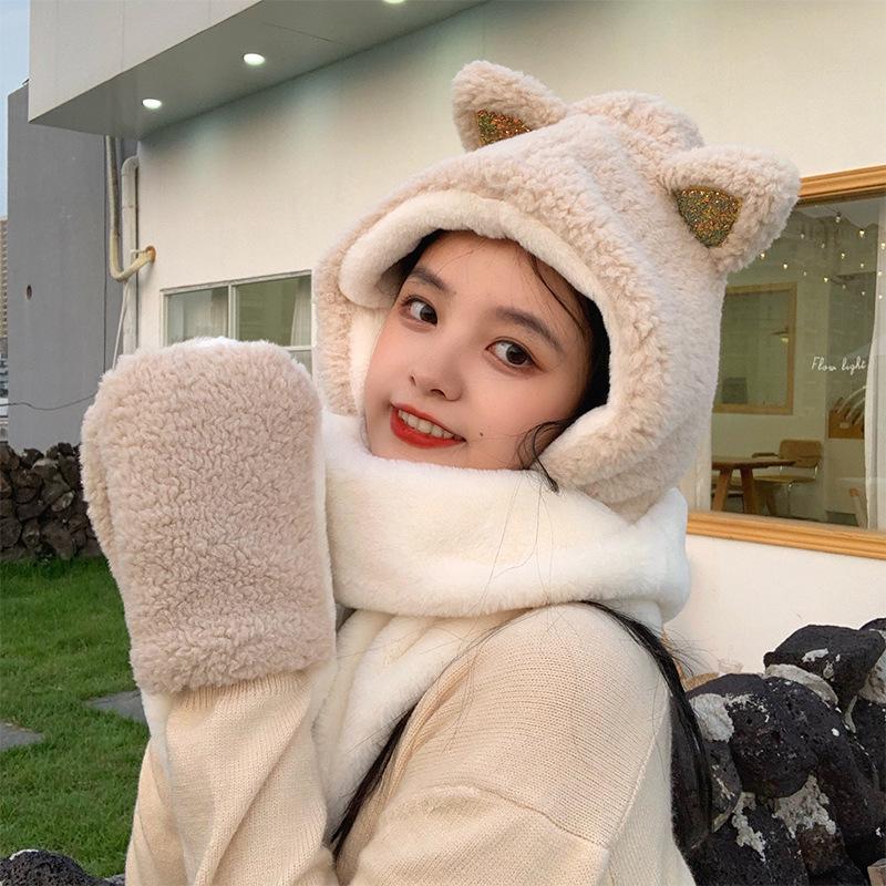 

Hats, Scarves & Gloves Sets Cute Cat Ears Warm Double Thickening Female Autumn And Winter Parent-Child Hat Scarf Three-Piece Christmas Gift