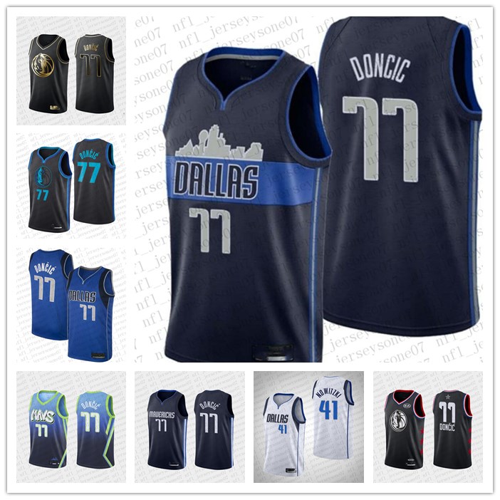

Custom Men's womens youth dallas Mavericks 41 Dirk Nowitzki 77 Luka Doncic blue white black Throwback Basketball Jersey