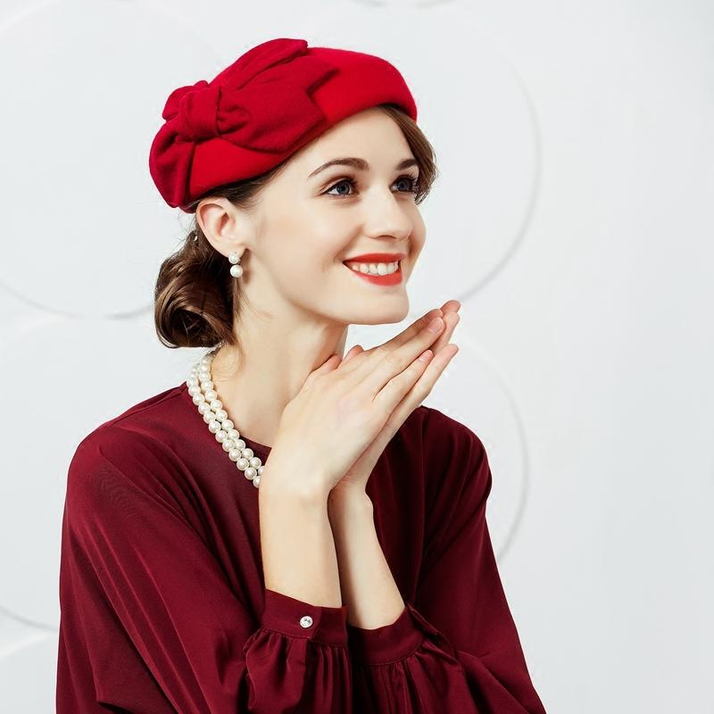

Stingy Brim Hats Women 100% Australian Wool Pillbox Arrival Ladies Fascinator Bow Wedding Hat French Artist Stewardess Caps B-7430, Red