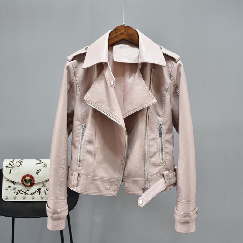 

New Autumn PU Soft Leather Jackets Women Turndown Collar Zipper Slim Bike Faux Leather Coat Female Short Jacket Outwear, Pink