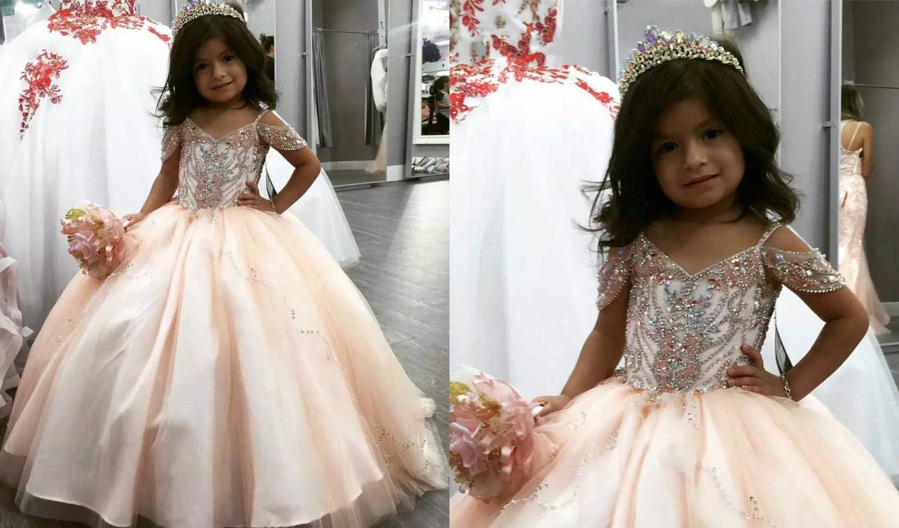 

Fashion Champagne Cold Shoulder Little Girls Pageant Dresses Ball Gown Rhinestones Top Beaded Tulle Flower Girl First Communion Dress, Same as image