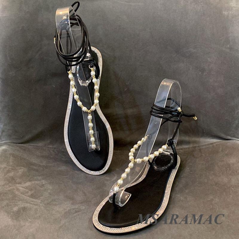 

Sexy Shiny crystal pearl chain flip-flop sandals Leather round toe Ankle strap sandals Fashion ladies all-match dress shoes1, Beige