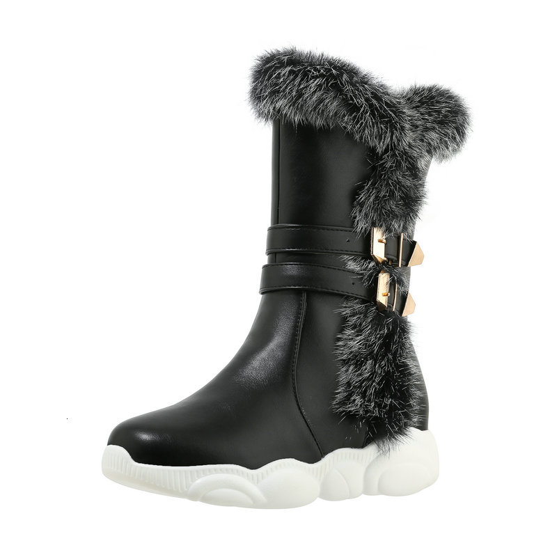 

2021 New Fashion Mid Calf Comfortable Flat Heels Round Toe Ladies Shoes Winter Keep Warm Snow Boots Big Size 33-43 Jivx, Black