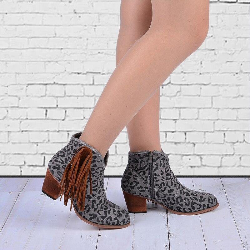 

Dropship New Fashion 2020 Women's Ankle Boots Leopard Fringe Ladies Chunky Female Shoes Woman Footwear Short Boots Plus Size 431, Gray