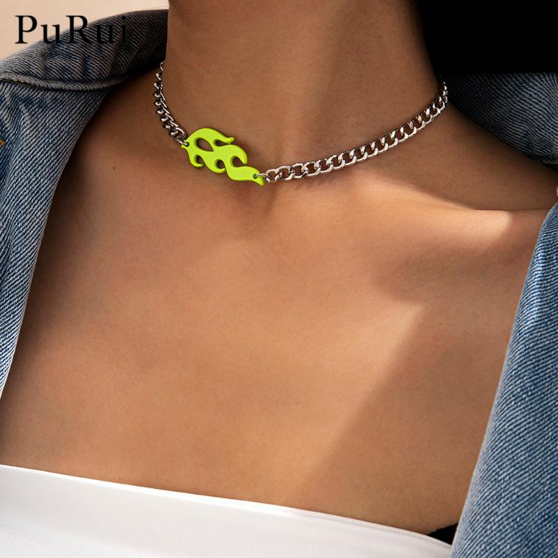 

Chokers 2021 Punk Green Fire Choker Necklace Link Chain Hip-hop Neck Short Collas Statement Women Vacation Jewelry