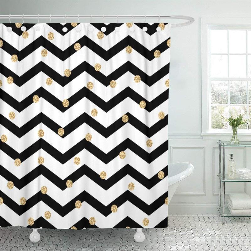 

Chevron Zigzag Black and White Golden Shimmer Polka Dots Bathroom Decor Shower Curtain Sets with Hooks Polyester Fabric Great1