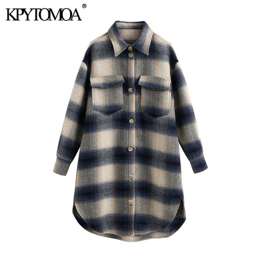 

KPYTOMOA Women 2020 Fashion With Pockets Oversized Plaid Jacket Coat Vintage Long Sleeve Side Vents Female Outerwear Chic Tops, Tan;black