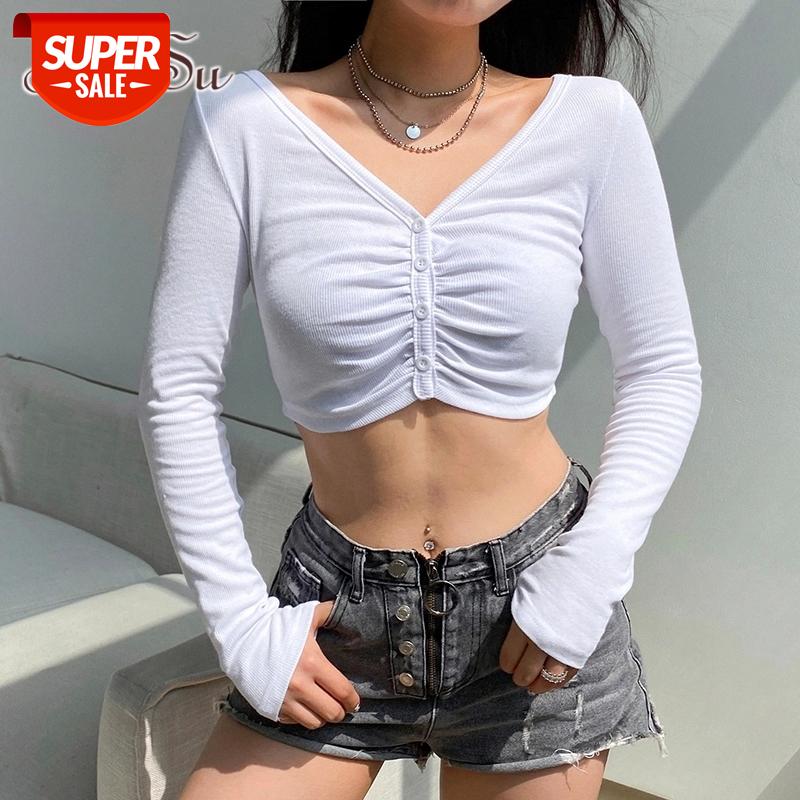 

ArtSu V Neck Tops for Women Long Sleeve Basic Tshirt Casual Autumn White Cropped T-shirt Ladies Fashion Cotton Tees TS52322 #Pl8d