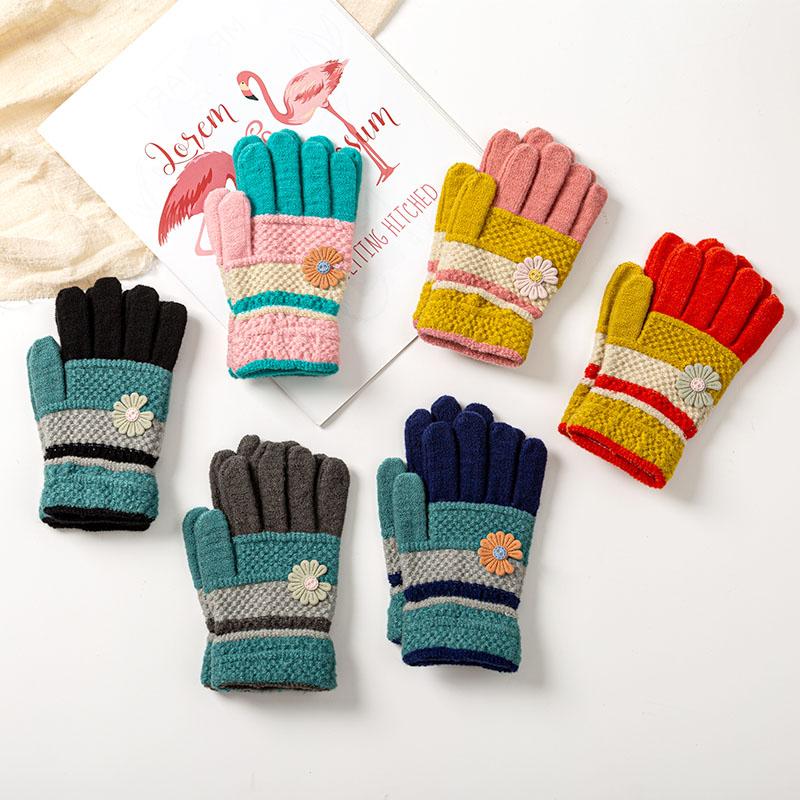

4-10 Years Winter Knitted Children's Gloves Girls Fashion Flower Full Finger Kids Gloves Warm Outdoor Child Baby Boys Mittens, Yellow pink