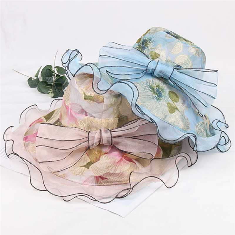 

Imixlot 2020 New Vintage Floral Printed Bowknot Sun Hats for Women Summer Wide Brim Net Yarn Beach Caps