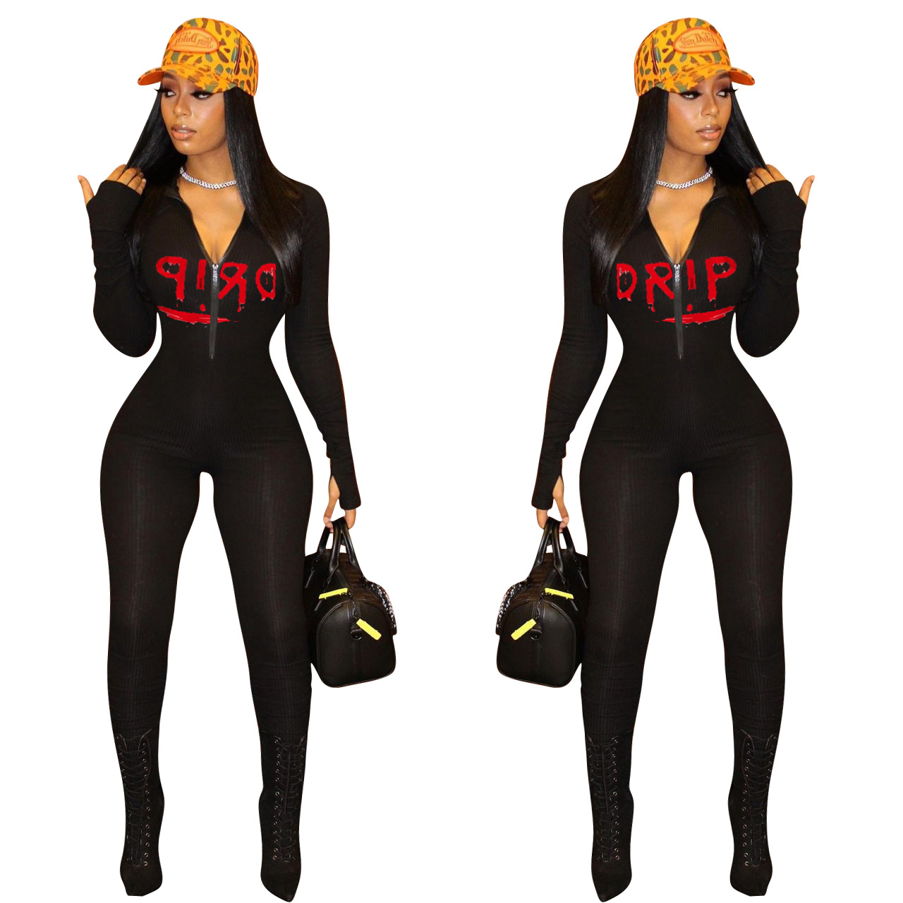 

Fashion Printed Jumpsuit Hot Sale Women' Rompers Casual Style Letter Print Jumpsuits Women Zipper Hot Selling Rompers, Black