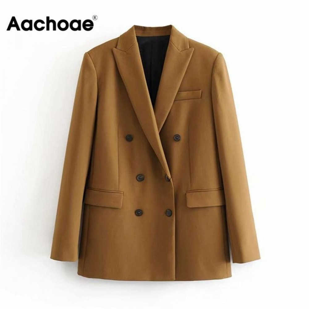 Aachoae Women Elegant Long Sleeve Double Breasted Blazer Jacket Casual Solid Female Chic Lady Office Suit Blazer Outwear Coat 201114Z