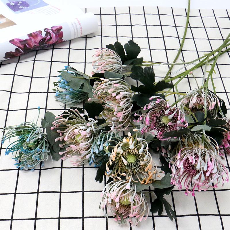 

3 Heads Artificial needle cushion flower fake plants crab claw chrysanthemum flower wall DIY wedding home decoration floral, Blue