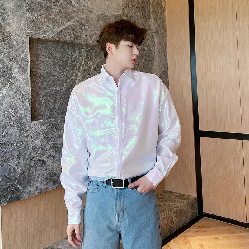 

New Male Nightclub Stage Show Loose Shirts Men Dazzling Double Layer Organza Sunscreen Long Sleeve Casual Shirt, C88