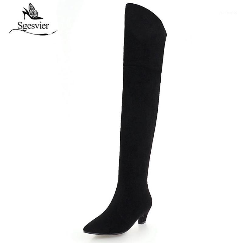 

Sgesvier black fashion over the knee boots women pointed toe med heels zipper boots flock thigh high big size 34-48 OX9651