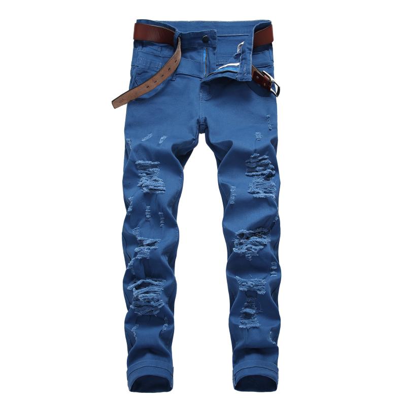 

Men straight denim trousers men fall/winter ripped jeans casual nostalgia, Blue