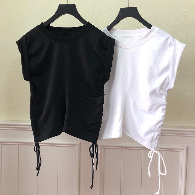 

Women Tshirt 2020 Summer New Sleeveless Drawstring T-shirt Solid Color1, Black