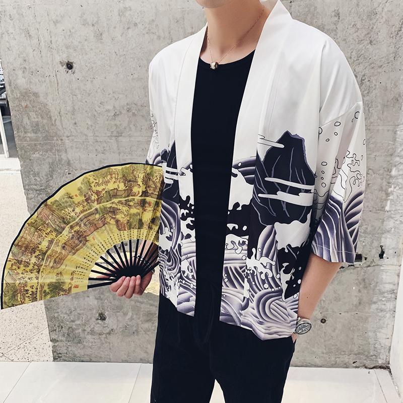 

Chinese Style Leisure Shirts Men V-Neck Loose 2020 Summer Fashionable Printing Open Stitch Three Quarter Male High Quality Tops, White