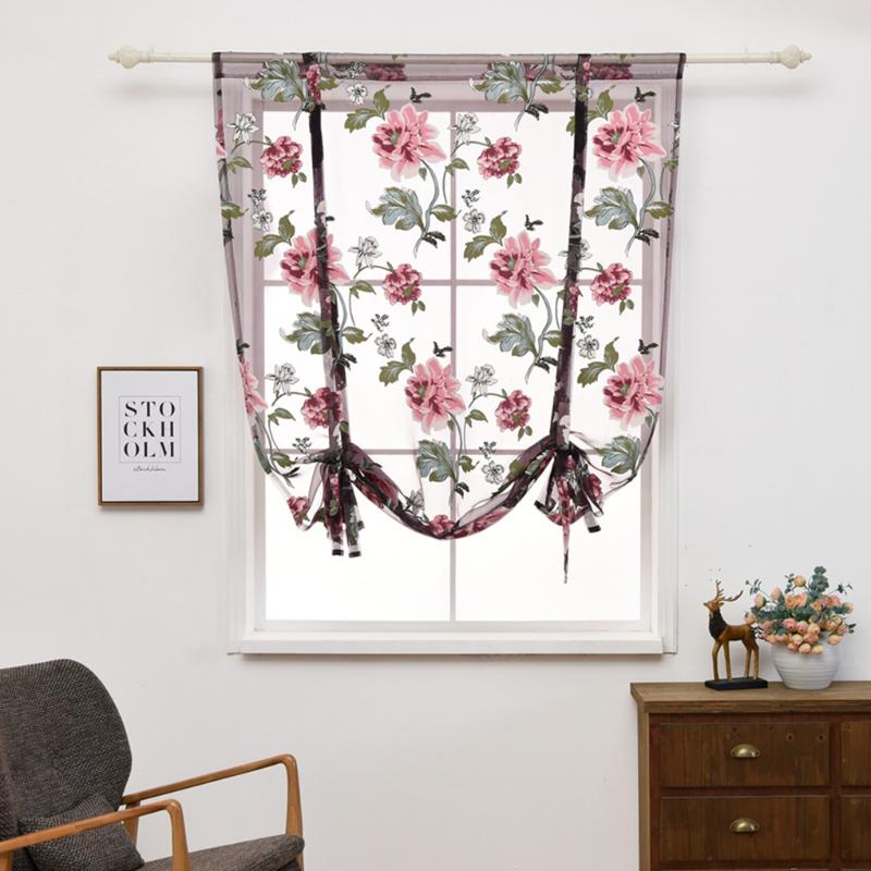

Sheer Kitchen Peony Flower Roman Window Drape Valance Semi Transparent Voile Curtains Window Treatment, No.1