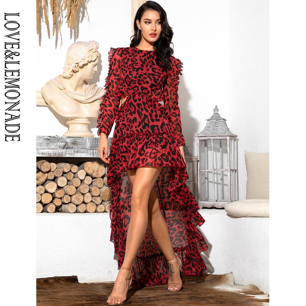 

LOVE&LEMONADE Sexy Cut Out Open Back Red Leopard Long Sleeve Chiffon Dress LJ200910