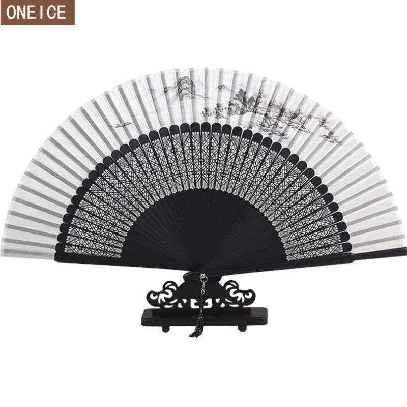 

Chinese hand fan silk printed bamboo wood antique landscape painting hand fan wedding dance portable mini gift folding