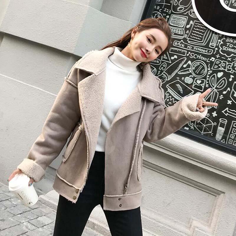 

Women Lapel Suede Leather Lambs Wool Coat Female Cool Thick Warm Faux Lamb Wool Motorcycle Jackets Winter Outerwear NS9103, Beige