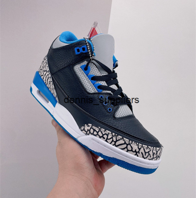 

Mens Womens Basketball Shoes New In Spring Jumpman 3s EUR36-46 Size Cushioned Midsole BLACK/BLUE Genuine Leather Upper Cement GREY Overlay, Black/blue grey