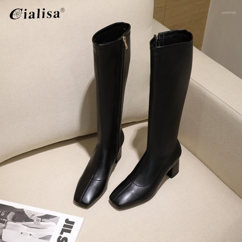 

CIALISA Women Shoes Square Toe PU Leather High Heel Knee-High Boots Chunky Heels Plus Size 40-46 Zipper Winter White Shoes1, Black