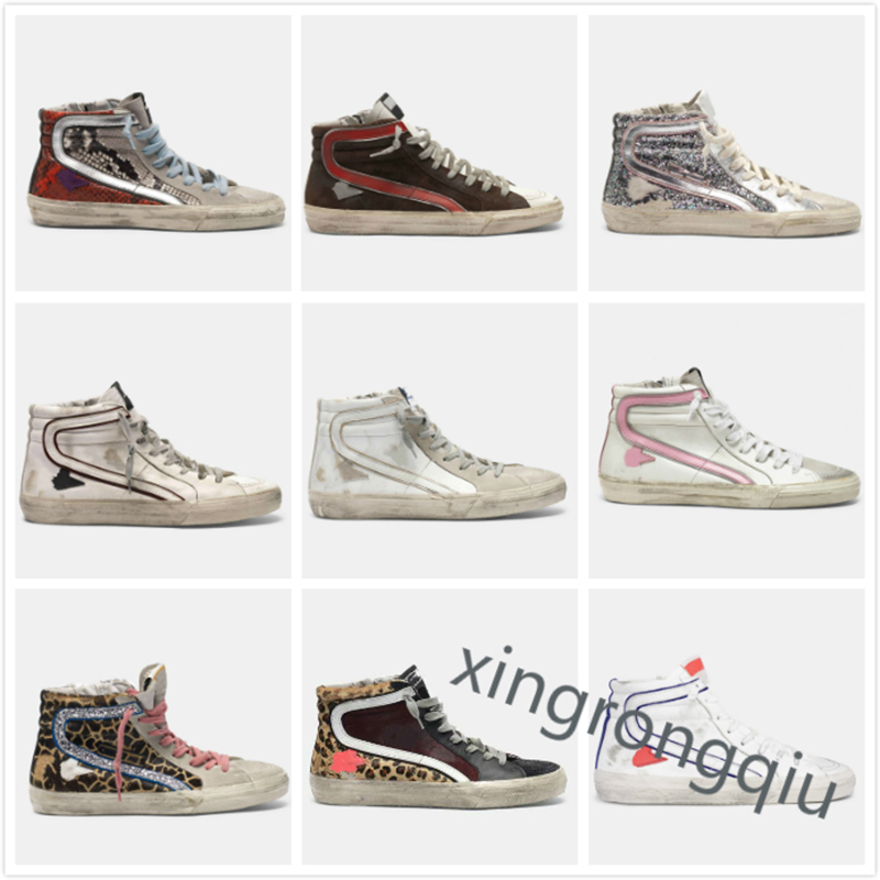 

Golden Slide Sneakers High Shoe Top Italy Deluxe Brand Classic White Do-old Dirty Goose Designer Man Women Shoes snakes kin print leather, Black