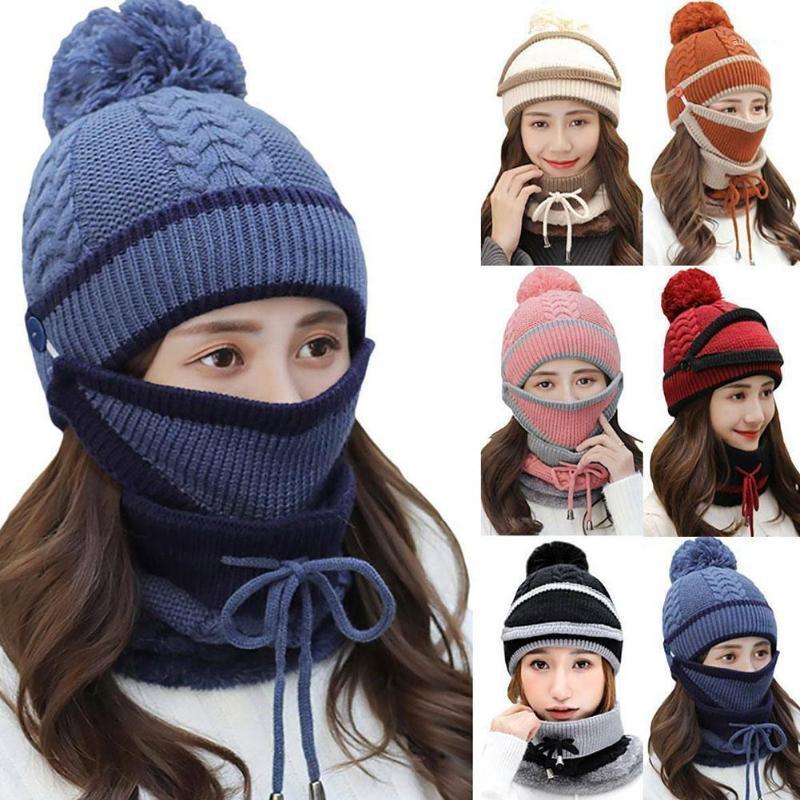

2020 New 3 Pieces Set Women's Knitted Hat Scarf Caps Warmer Neck Skullies Caps For Ladies Beanies Hat Fleece Girls Warm Win W4N21